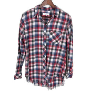 Beachlunchlounge Blue Red Plaid Button Front Shirt Women's Medium Fringe Raw Hem